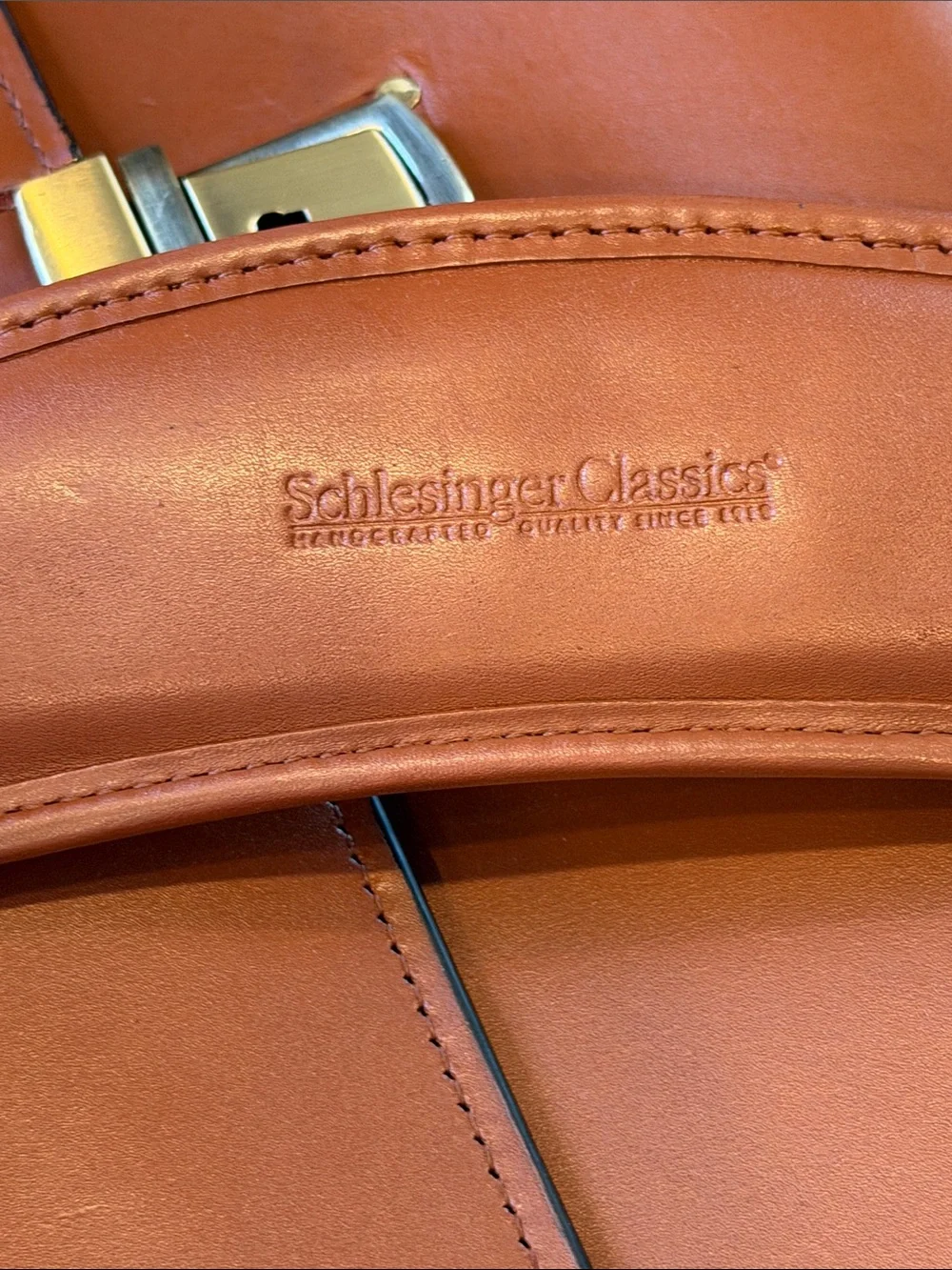 Schlesinger Tan Leather Briefcase with Adjustable Shoulder Strap Brass hardware